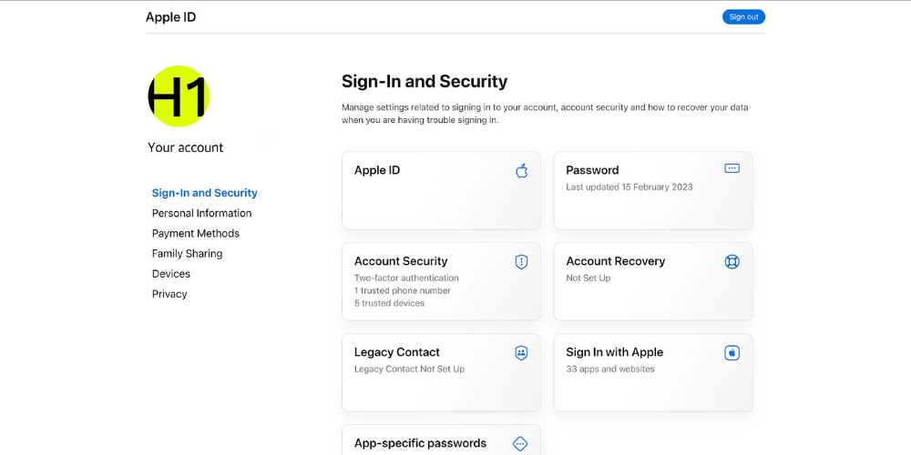 صفحه تغییر رمز اپل آیدی در بخش Sign-In and Security حساب اپل