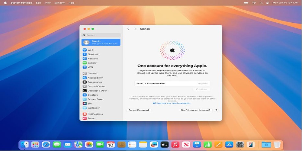 صفحه ورود اپل آیدی در System Settings مک بوک برای وارد کردن Apple Account