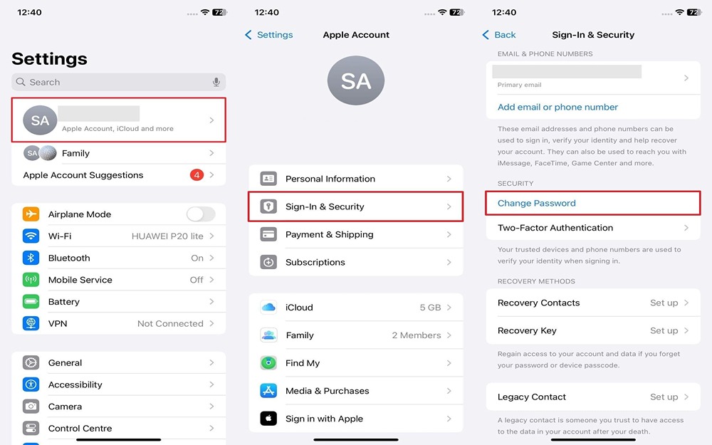 تنظیمات Apple Account و مدیریت اطلاعات امنیتی اپل آیدی در آیفون