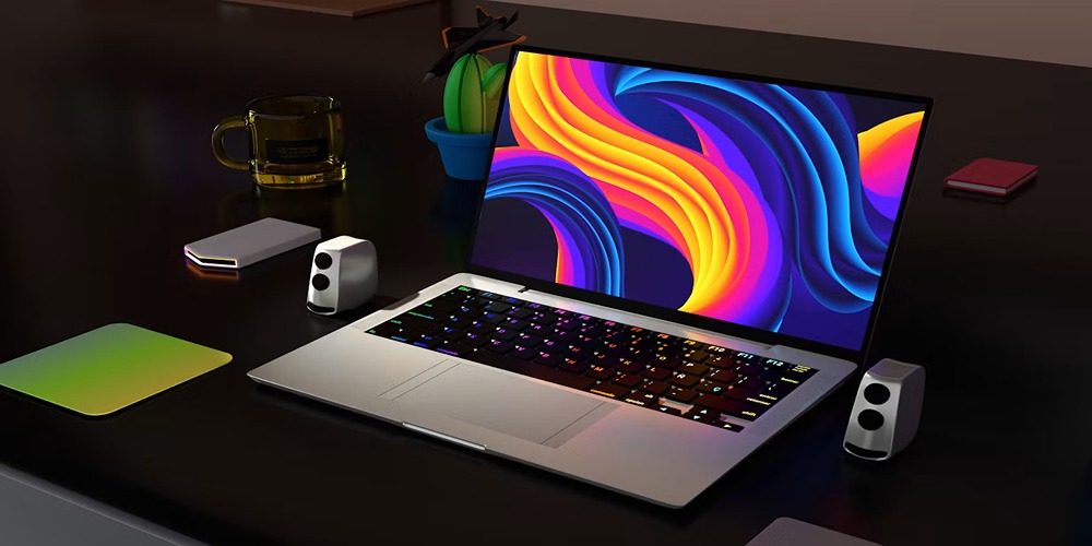مک بوک اپل روی میز کاری مدرن برای استفاده از Apple Account